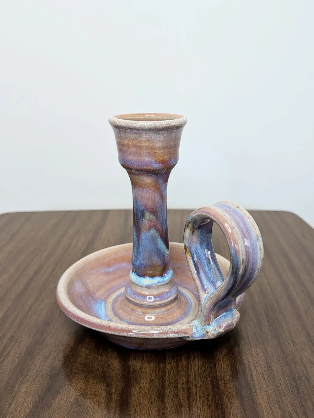 Light Purple, Blue, Tan Handmade Studio Pottery Ceramic Chamber Candle Holder